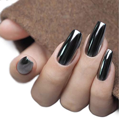 Eollan Glossy Press on Nails Long Mirror Fake Nails Black Coffin Full Cover Acrylic Nails for Women and Girls (24PCS)