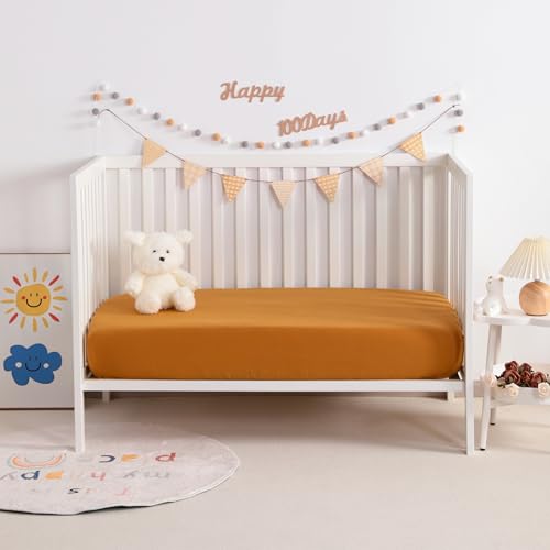 Image of NTBAY 2 Pack Muslin Cotton Crib Sheets, Soft and Breathable Double Layer 28x52 Baby Crib Sheets for Standard Crib and Toddler Mattresses, Boys, Girls, Unisex, Golden Brown, 28x52 Inches