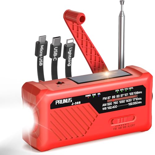 PRUNUS J-366 Emergency Radio with 3 Charging Cables, NOAA Weather Alert
