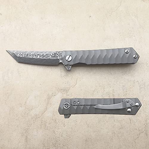 Ivtt Handmade Damascus Pocket Knife 9Cr18Mov Steel Core Blade With Tc4 Titanium Handle,Tactical Knife Hiking Camping Edc Knives #TOP6