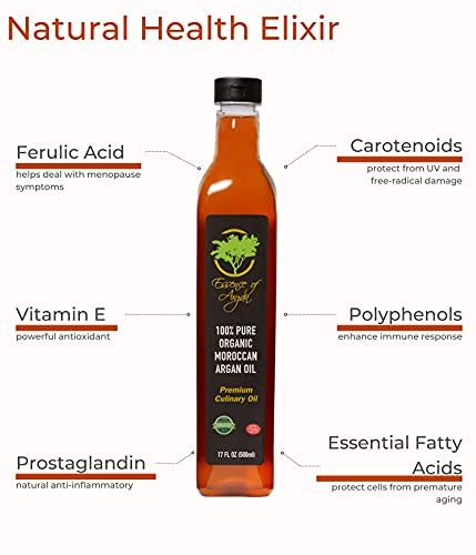 Essence Of Argan Organic Edible Moroccan Argan Oil For Cooking, Vegan Eco-Certified Usda-Approved Natural Argan Oil, Great Culinary Oil For Keto Foodies, 17 Ounces #TOP2
