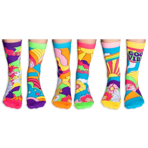 United Oddsocks Hippy Go Lucky Gift Box – 6 Groovy Mix & Match Odd Socks for Women – UK 4–8, EUR 37–42, US 6.5–10.5 – Colourful Festival-Inspired Fun Gift for Birthdays, Christmas & Mother’s Day