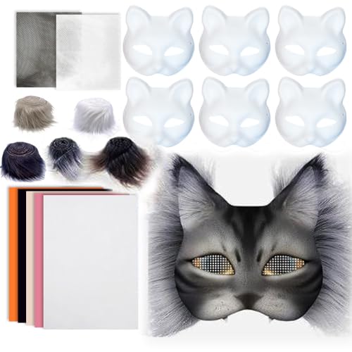 Yuelulala Therian Mask Set Therian Mask Kit with Wool Strip Faux Therian Cat Mask DIY Paint for Cosplay Halloween Parties Adults (A163-1)