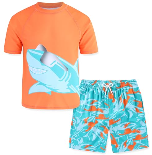 Boys Rash Guard Swim Set with Swim Trunks Bathing Suit Short Sleeve Swim Shirt Quick Dry Swimsuit Kids Swimwear Orange Shark (Size 10-12)