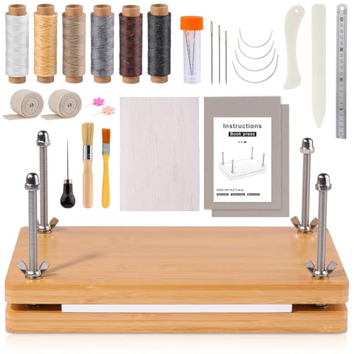 Axmru Book Binding Kits Book Press(11.6x7.9) Bookbinding Tools Bookbinding Materials with Wooden Binding Books Press Bone Folder Sewing Awl Binding Strap
