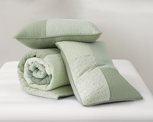 Chezmoi Collection Elm 3-Piece Chic Patchwork Quilt Set - Green Floral Striped Coverlet - Pre-Washed Cotton Lightweight Reversible Bedspread, Super King Size by Chezmoi Collection - Image 9