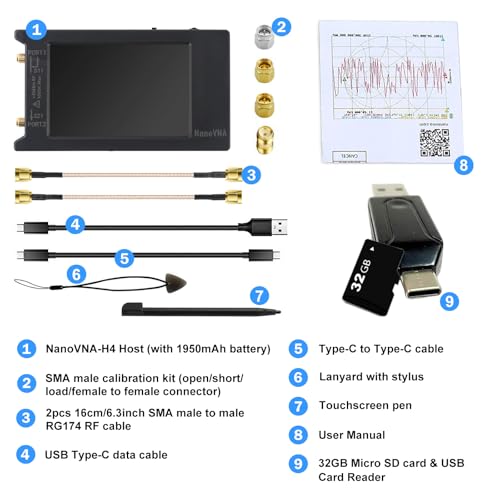 AURSINC NanoVNA-H4 Vektornetzwerkanalysator mit 32GB-Speicherkarte, aktuellste Version V4.4, 9 kHz–1,5 GHz, 4-Zoll-Touchscreen,VHF und UHF-Messungen von S-Parametern, SWR, Phasenwinkel