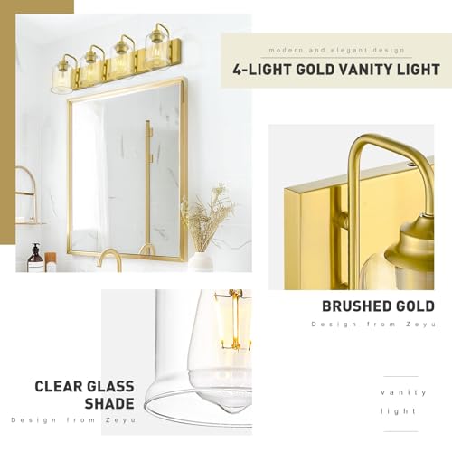 Image of zeyu 4-Light Brushed Gold Vanity Light, Modern Wall Sconces for Mirror Kitchen Bedroom, Bathroom Wall Lights with Clear Glass Shade, ZSL72B-4W BG