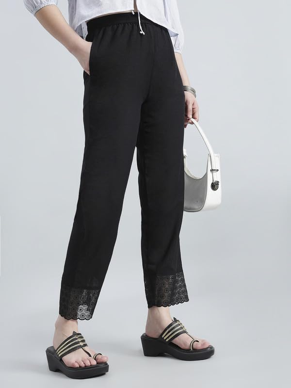 Image of GO COLORS Rayon Blend Ethnic Pant Organza for Women Full Length| Mid Rise, Lace Design