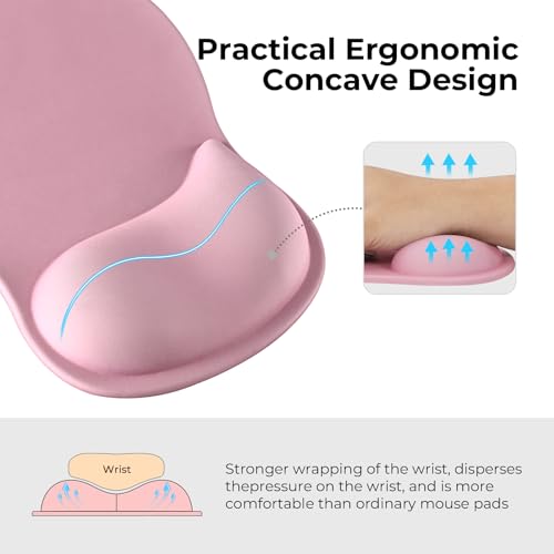 Image of EooCoo Ergonomic Pink Mouse Pad with Gel Wrist Rest Support Middle Concave Design, Relieve Wrist Pain Mousepad, Wrist-Contoured Design for Carpal Tunnel Syndrome, Office Desk Accessories for Women