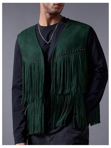 Image of OYOANGLE Men's Casual Suede Top Shirt Boho Fringe Trim Open Front Sleeveless Vest Jacket Waistcoat
