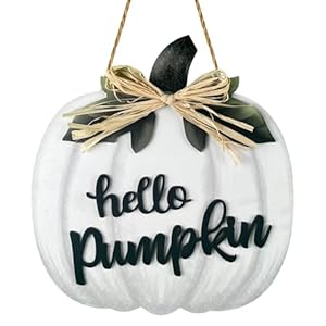 Fall Door Decor Thanksgiving Hello Pumpkin Door Sign Fall Door Wreath with Bow Fall Decorations for Home Wooden Autumn Wreath Pumpkin Wall Decor Fall Porch Decor for Fall Farmhouse Indoor Decor White