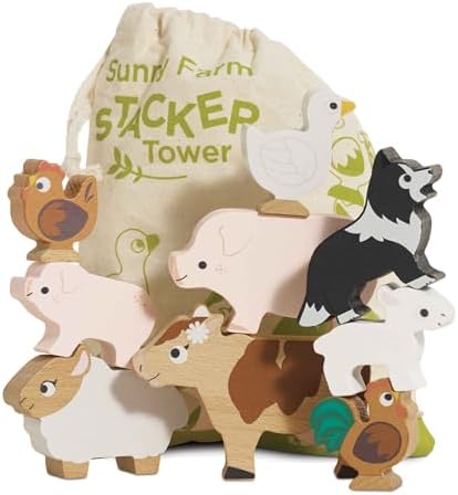 Le Toy Van Wooden Sunny Farm Stacker & Bag Educational Balancing ...