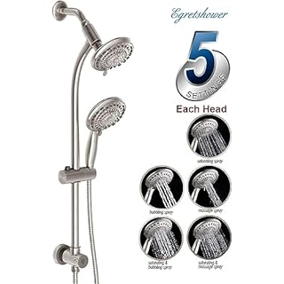Egretshower Handheld Showerhead & Rain Shower Combo for Easy Reach, 27.5" Drill-free Stainless Steel Slide Bar, 5”of 5-setting Handheld Shower and Showerhead, with 5ft Hose -Brush Nickel