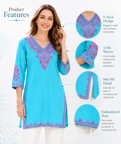 Image of Embroidered Chikankari Kurti with Kashmiri Aari Work, V-Neck, 3 /4 Sleeves, Rayon Fabric