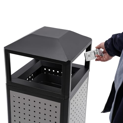 Modern 38-Gallon Heavy Duty Outdoor Trash Can with Ashtray - Durable Patio & Poolside Garbage Container - Stylish Waste Bin for Deck, Office & Outdoor Spaces