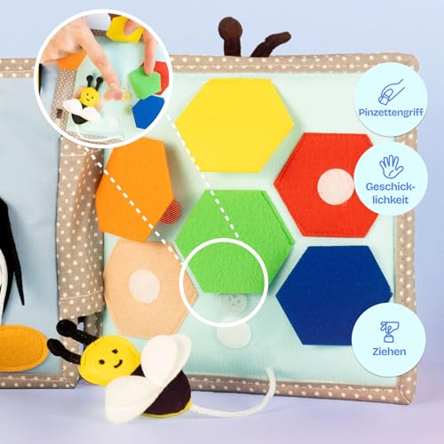 Jolly Designs – Mini Quiet Book Schillernder Papagei – Montessori Spielzeug ab 6 Monaten – Motorik & Sensorik fördern – Busy Book aus Filz – Handgefertigtes Filzbuch – Perfekt für unterwegs