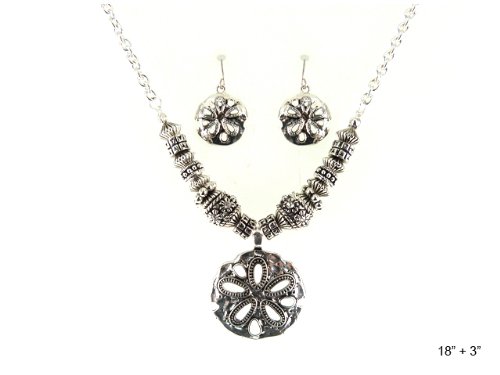 Hammered Sand Dollar Texture Antique Finish Silver-Tone Necklace Set Earrings By Jewelry Nexus #TOP2