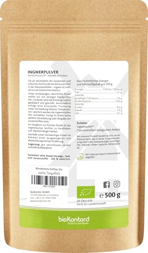 bioKontor – Bio Ingwerpulver 500g fein gemahlen – Ingwer Pulver aromatisch scharf – Ingwer gemahlen – Ingwerwurzel Pulver vielseitig verwendbar – ROHKOSTQUALITÄT
