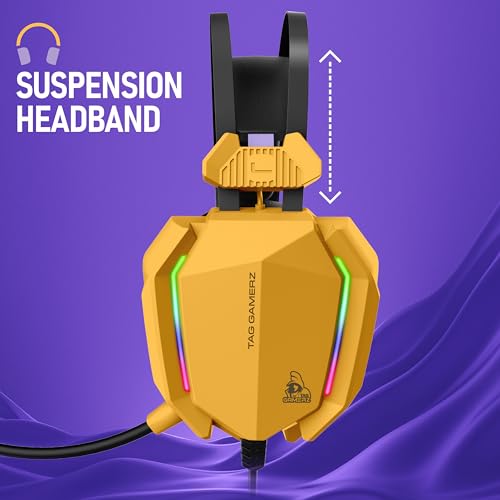 Image of TAG Gamerz Titan RGB Yellow Over-Ear Gaming Wired Headphone | Soft Ear Cups | 50mm Neodymium Driver | 3.5mm Audio | 2m Cable | Flexible Mic for Calling | Suspension Headband | 3.5mm + USB Connector
