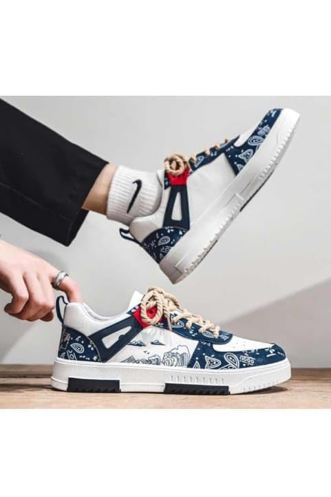 Image of azalya Artistic Wave Print Sneakers, Black and White, Platform Style with Orange Accents Korean Retro Style Comfortable Printed Sneaker Shoes for Men.