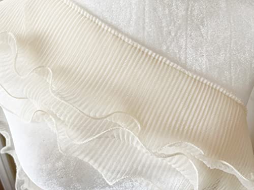 PEPPERLONELY 1 Yard 3-Layer Pleated Tulle Lace Chiffon Fabric Ribbon Fringe Elastic Ruffle Trim Dress Collar Cuffs DIY Sewing Material, 5 Inches Width, Ivory
