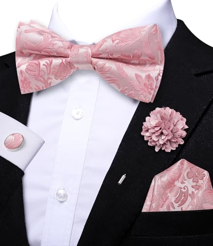 Image of Dubulle Mens Paisley Striped Bowtie Set Pre-tied Bowtie for Men and Pocket Square Set Wedding Business