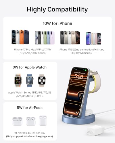 Image of Anlzm 3 in 1 Charging Station for iPhone, Wireless Charger for iPhone 17 16e 16 15 14 13 12 11 X Pro Max & Apple Watch - Charging Stand Dock for AirPods (Blue)