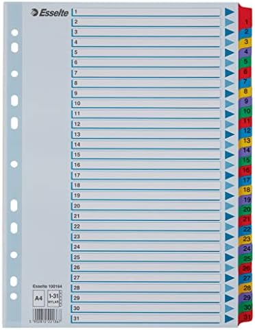 Esselte 100164 A4 1-31 Index, Heavy Duty Cardboard with Mylar Reinforced Tabs, Multicolour