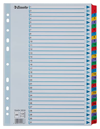 Esselte Register für A4, Deckblatt und 31 Trennblätter, Taben mit Zahlenaufdruck 1-31, Lochrand und Taben folienverstärkt (Mylar), Blau, Karton, 100164
