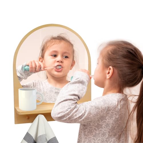 Oranwell Wooden and Acrylic Wall Mirror for Kids with Hooks and Shelf, Baby Safety Shatterproof Entryway Wall Mirror, Unbreakable Wood Frame Toddler Mirror for Home Classroom Bathroom