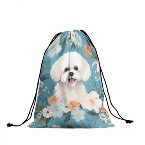 Image of Nerxy Cute Dog Grip Bag - White Bichon Frise Puppy Drawstring Sports Bag