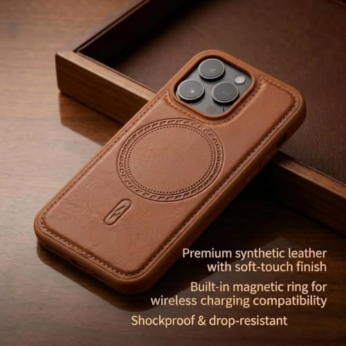 Image of amazon basics Premium PU Leather Case for iPhone 16 Pro, MagSafe Compatible Magnetic Ring, Sleek Protective Back Cover - [Tan]