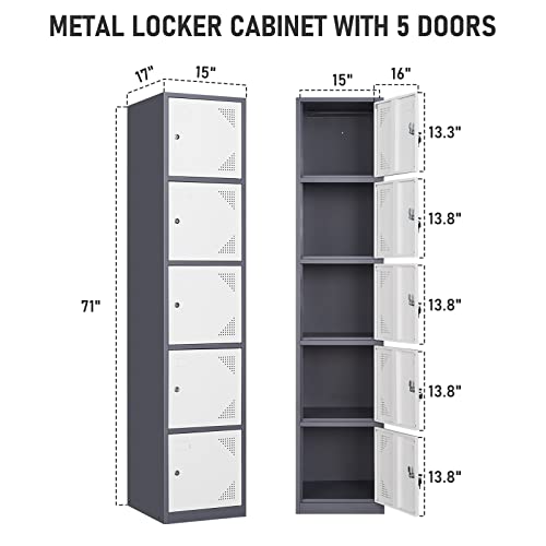 Miiiko Office Storage Lockers For Employees, 5 Tier Metal Locker With Lock And Keys, 71'' Slim Metal Storage Cabinet With 5 Doors For School, Gym, Dormitory, Chaning Room, Grey + White #TOP5
