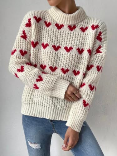 Image of ebossy Women's Cute Heart Cable Knit Pullover Mock Neck Long Sleeve Loose Sweater Top (L, Beige)