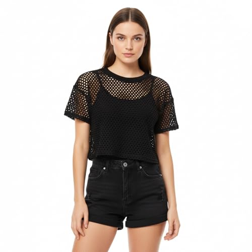 Adorling Netzshirt Damen Kurzarm Crop Top Transparentes Mesh T-Shirt Oberteil 80er Jahre Outfit Disco Party Clubwear Atmungsaktiv Sport Freizeit Y2K Schwarz