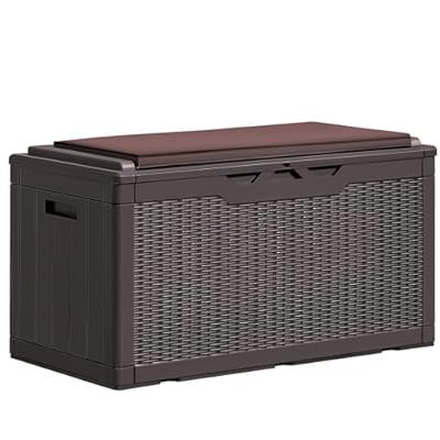Greesum 100 Gallon Resin Deck Box Large Outdoor Storage Bench with Cushions for Garden Tools, Patio Furniture Pillows, Pool Supplies, Dark Brown