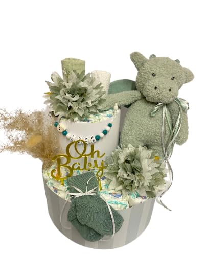 Windeltorte mit Name - Drache Boho Eukalyptus Salbei - Geschenk, Babyparty, Geburt, Taufe, Babygeschenk - ca. 40 Windeln Größe 3