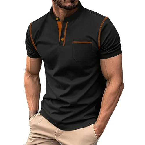 Image of Henley T Shirt Mens Grandad Collar Short Sleeve Button Formal Shirts Blouses England Adult Muscle Fit Designer V Neck Breathable Retro Work T Shirt Summer Heavyweight Casual Smart Henley Tops Black