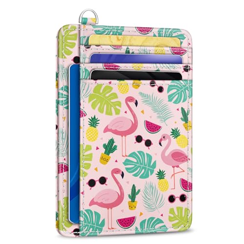 Image of Yonlevres Flamingo Credit Card Holder Slim Wallet Women RFID Blocking Small | Front Pocket, Handy, RFID Blocking, Woman Girls Ladies Gifts, D-ring for Keychain,Thin Mini Card Case, ID Window, PU Leather