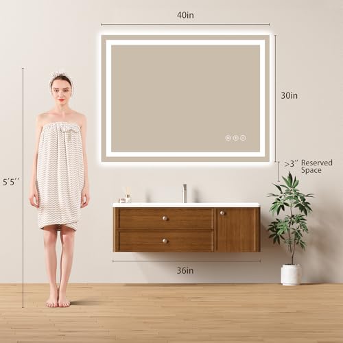 Image of 40x30 LED Bathroom Mirror with Lights - Dimmable, Anti-Fog, 3 Color Backlit & Front Lit Mirror for Bathroom, Shatter-Proof Tempered Glass, Easy Installation