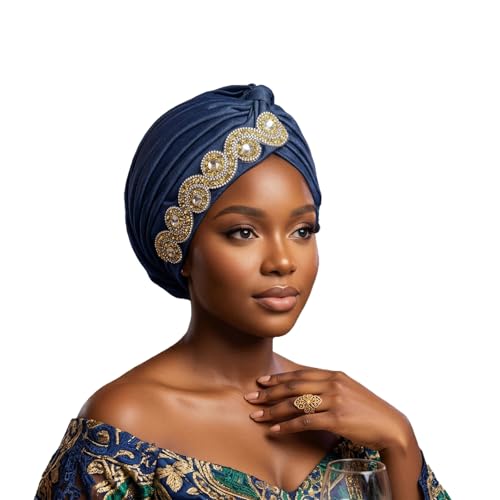 QITRAI African women's headscarf hat, crystal-embroidered hairnet, chemotherapy cancer hat (US, Numeric, 5 1/8, 6 1/4, blue)
