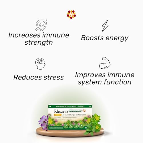 Rhoziva Immune. Immune System Booster Supplement, Stress & Energy Support. Rhodiola Rosea, Reishi Mushroom Extract, Astragalus, Prunella + Vitamins & Minerals. 60 Vegetarian Capsules. (Pack Of 1) #TOP1
