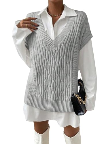 MakeMeChic Women's V Neck Sweater Split Hem Cable Knit Vest Sleeveless Casual Pullover Tops