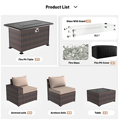 Kullavik 13 Pieces Outdoor Patio Furniture With 43" 55000Btu Gas Propane Fire Pit Table Pe Wicker Rattan Sectional Sofa Patio Conversation Sets,Sand #TOP7