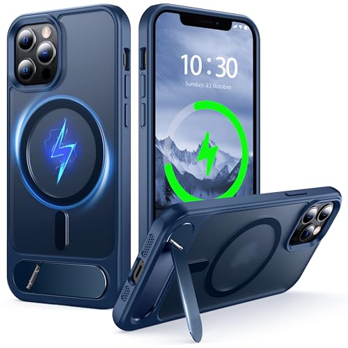 NJROW iPhone12/iPhone12 Pro �p �P�[�X �}�O�l�b�g�X�^���h MagSafe�Ή� [�X�^���h&���C�����X�[�d 2in1] [���ߍ��݉B���u���P�b�g] [�~���^���[�ϏՌ�] �X���� ������ �}�b�g�V���R (�u���[)