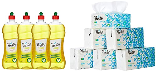Image of Amazon Brand - Presto! Dish wash Gel Lemon -750 ml (Pack of 4) & 2 Ply Facial Tissue Soft Pack - 200 Pulls (Pack of 6)