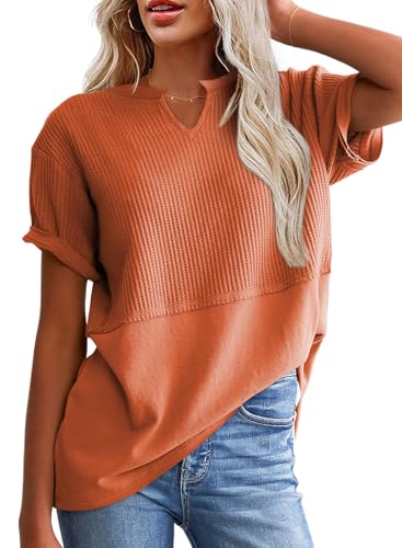 SHEWIN Womens Casual V Neck Waffle Knit Tops Short Sleeve T Shirts Loose Blouses