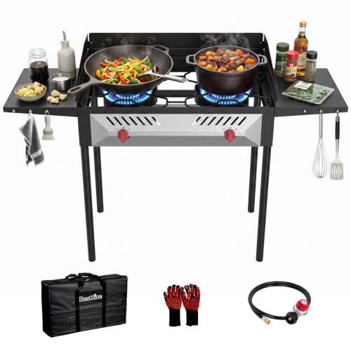 Image of BESTFIRE 150000 BTU Dual Burner Camping Stove Portable Propane Wind Guard | Comes With Carrying Bag, Gloves & Gas Hose, Perfect For Camping, Backyard Bbq, Tailgating And Outdoor Picnic Cooking