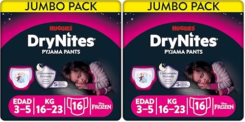 Huggies DryNites Bragas absorbentes para niña 3-5 (16-23 kg), Clínicamente probado con 5 capas de protección nocturna, 16 pañales de noche (Paquete de 2)